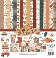 Kollektionsübersicht des 12x12 Collection Kits „Feels Like Fall” mit allen 12 Designpapieren, Stickerbogen und Artikelnummer FLF514016