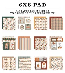 Übersicht aller 12 Bogen-Designs des 6x6 Paper Pads „Feels Like Fall” – u. a. Blätter, Kürbisse, Karo und Journaling-Karten