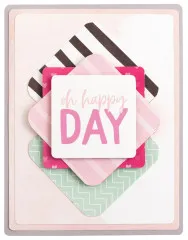 Handgefertigte Grußkarte mit abgerundeten Ecken in Pastellfarben, mehrschichtige Papierdesign mit "oh happy DAY" Text