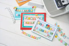 Mit den Banner-Stanzformen gestaltete Briefmarken-Rahmenkarten mit 'Happy Birthday' und 'Happy 25th Birthday'