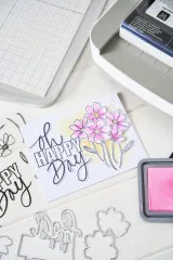 Aquarellierte Grußkarte mit rosa Blütenmotiv und dem Schriftzug 'Oh Happy Day'