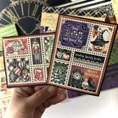 Zwei fertig gestaltete Grußkarten in Händen, Halloween und Weihnachtsthema, mit Briefmarken-Collagen aus dem Graphic 45 Stanzset