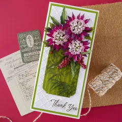 Dankeskarte mit Einmachglas-Motiv und pinkfarbenen Astrantia-Blüten.