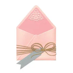 Fertig gestalteter rosa Papierumschlag mit Schleife, Anhänger und Ornament verziert