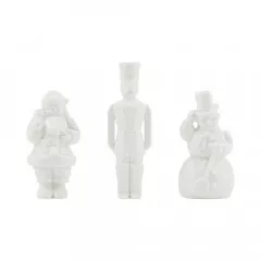 3 weiße Harzfiguren nebeneinander: Weihnachtsmann mit Sack, Spielzeugsoldat in Uniform, Schneemann mit Zylinder