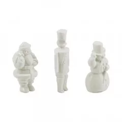 Seitenansicht der 3 weißen Harzfiguren: Weihnachtsmann, Spielzeugsoldat, Schneemann mit erkennbaren Details