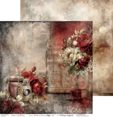 Vintage-Filmkamera mit roten und cremefarbenen Rosen vor einem Notenblatt-Hintergrund