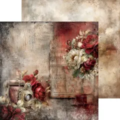 Vintage-Filmkamera mit roten und cremefarbenen Rosen vor einem Notenblatt-Hintergrund