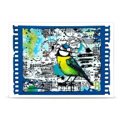 Blaue Filmstreifen-Karte mit detailliertem Vogel-Stempelabdruck