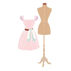 Vereinfachte, flach kolorierte Illustration von Kleid und Schneiderpuppe in Rosa/Beige