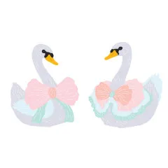 Vereinfachte, flach kolorierte Illustration der zwei Schwan-Motive mit Schleife in Mint/Rosa