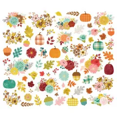 Ungeschnittener Bogen mit sämtlichen Floral Bits & Pieces Stanzteilen: Blüten, Kürbisse, Eicheln und Blätter im Pumpkins & Plaid Design