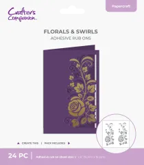 Verpackung der Cut in Edge Florals & Swirls Klebe-Rub-Ons mit lila Grußkarte und goldenem Rosen-Schnörkelmotiv