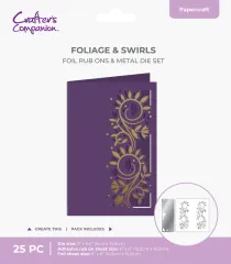 Verpackung des Cut in Edge Foliage & Swirls Sets mit lila Grußkarte und goldener Blätter-Folienprägung