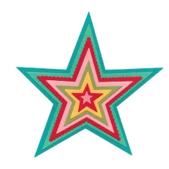Freigestellte Ansicht der 8 ineinander verschachtelten Stanzformen in Sternform, farbig dargestellt.