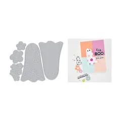 Stanzformen neben einer bunten Colorblock-Karte mit geblümtem Geist und Grußtext 'hey BOO you're a free spirit'.