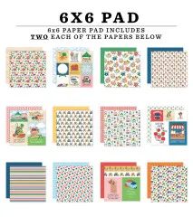 Alle 12 verschiedenen Designs des Freshly Picked Paper Pads in Übersicht, doppelseitig mit Früchte-, Gemüse- und Marktmotiven, Streifen und Karomuster in bunten Farben