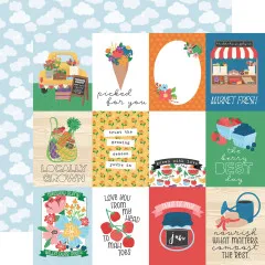 Stickerbogen Freshly Picked Collection mit Farmer's Market Motiven, Blumenkörben, Früchten und inspirierenden Sprüchen auf hellblauem Hintergrund
