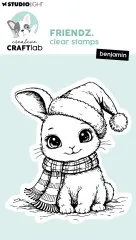 Verpackungsvorderseite mit unkoloriertem Clear-Stamp-Motiv des Hasen Benjamin mit Weihnachtsmütze und Schal
