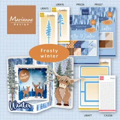 Übersicht der Frosty-Winter-Kollektion mit Eiskristall-Stickern und Beispielkarten