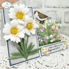 Easel-Karte mit großen weißen Gänseblümchen, Vogel und Wildblumenwiese, Spruch „Where wildflowers grow, happiness follows“.