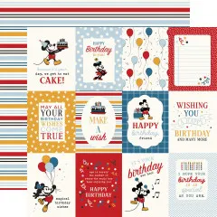 Designpapiere mit verschiedenen Motiven: Ballons, Streifen, Sterne, Geburtstagsmotive und ausgestanzte Sticker mit Micky Maus Charakter und Geburtstagstexten