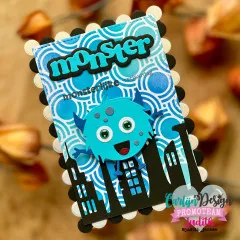 Gebastelte Geburtstagskarte mit blauem Monster und den Augen-Aufklebern von CarlijnDesign.
