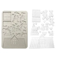 Silikon-Gießform und weiße gegossene Maus-Figuren, Haus und Accessoires aus der Form