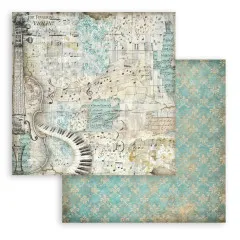 Designpapier mit Geigenhals, Notenlinien und türkisem Damastmuster