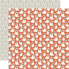 Designpapier mit weißen Geistern auf orangefarbenem Grund / Rückseite: schwarzes Kreuzchen-Muster auf Creme
