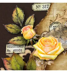 Nahaufnahme von gelben Rosen und Blättern aus der Gießform auf Vintage-Hintergrund