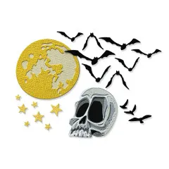 Nahaufnahme des gelb gestanzten Vollmonds, der schwarzen Fledermäuse, Sterne und des grauen Totenkopfs.