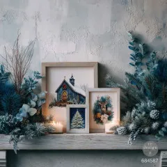 Mehrere kleine Holzrahmen mit winterlichen Motiven aus den Quiet Country Blue Transferbildern auf Kaminsims.