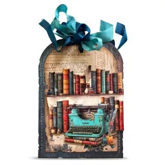 Bogenförmiger Anhänger mit Bücherregal-Motiv, türkiser Vintage-Schreibmaschine und türkisfarbener Bandschleife