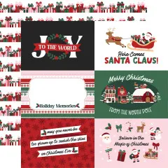 Designpapier mit Geschenkpäckchen-Streifenmuster / Rückseite: Journaling-Kärtchen mit „Joy to the World”, „Here Comes Santa Claus” und Nordpol-Dorf-Illustration