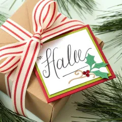 Mini-Umschlag in Kraft-Papier mit roten Streifen-Schleife, Etikett 'Hallo' mit Holly und Beeren auf Geschenkbox