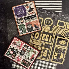 Bunte Grußkarten mit Graphic 45 Briefmarken-Stanzset gestaltet: Halloween-, Weihnachts- und Glückwunschkarten mit Briefmarkenmotiven
