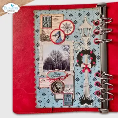 Memory Binder Innenseite mit mehreren gestalteten Seiten: Rahmen in Rot und Creme, Schneeflocken, Laternen-Stanzteile, Weihnachtsmotiven und Fotos
