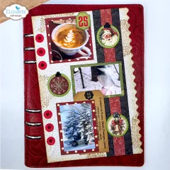 Rotes Planer-Cover dekoriert mit Fotos, Anhängern und ausgestanzten Elementen