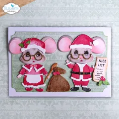 Karte mit Mäusen als Weihnachtsmann und Weihnachtsfrau in Rot, Geschenksack und Nice List Rolle