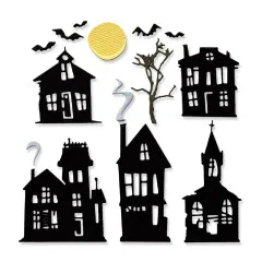 Aus schwarzem Papier gestanzte Geisterhäuser und Kirche mit Vollmond, Fledermäusen und kahlem Baum als Halloween-Szene