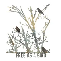 Gestanzter Baum aus Mixed-Media-Papier mit drei dunklen Vögeln auf den Ästen und Schriftzug Free as a Bird