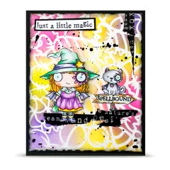 Grußkarte mit gestempelter Hexen-Figur, Katze, Spellbound-Schild und Text 'just a little magic' auf farbenfrohem Background