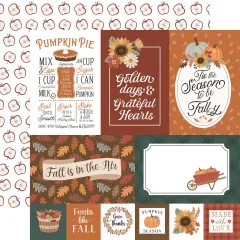 Designpapier mit Blumenvasen-und-Gewürzdosen-Streumuster (Kaffee, Zimt, Kürbis) / Rückseite: grünes Vichy-Karo