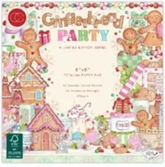 Verpackung des 8x8 Premium-Papierblocks „Gingerbread Party“ mit Lebkuchenhäusern und Weihnachtsmotiven