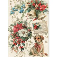 Reispapier-Bogen mit Glocken, Poinsettien-Strauss, Brief und Welpen im Design Cozy Christmas