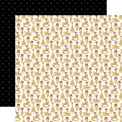 Doppelseitiges Papier mit goldenen Schlitten, Weihnachtskugeln und roten Schleifen auf Weiß, Rückseite mit schwarzem Sternen-Muster