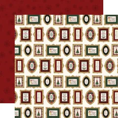 Doppelseitiges Papier mit goldenen dekorativen Rahmen, Grußsprüchen und Weihnachtsmotiven in Rot-Grün-Creme auf strukturiertem Hintergrund