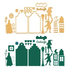 Schematische Gegenüberstellung des Grachtenhäuser-Stanzsets in Gold- und Grüntönen mit Sinterklaas-Figur, Laterne und Piet-Figuren.