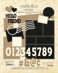 Graphic 45 Postage Stamp Collage & Numbers Die Set mit 27 Teilen, Briefmarken, Herzen, HELLO FRIEND Schrift, große Zahlen und Wellenlinien in Schwarz und Creme